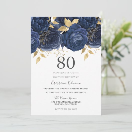 Navy Indigo Blue & Gold Floral 80e verjaardag Kaart (Staand voorkant)