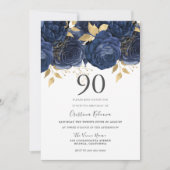 Navy Indigo Blue & Gold Floral 90e verjaardag Kaart (Voorkant)