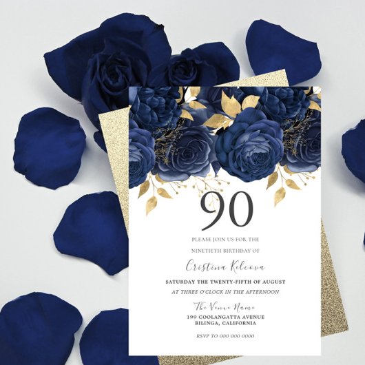 Navy Indigo Blue & Gold Floral 90e verjaardag Kaart