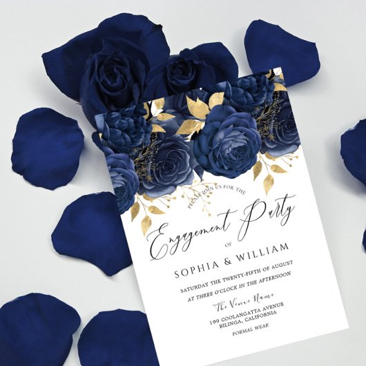 Navy Indigo Blue & Gold Floral Engagement Party Kaart