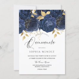 Navy Indigo Blue & Gold Floral Quinceanera Party Kaart