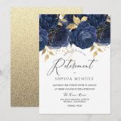 Navy Indigo Blue & Gold Floral Retirement Party Kaart (Voorkant / Achterkant)