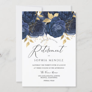 Navy Indigo Blue & Gold Floral Retirement Party Kaart