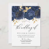 Navy Indigo Blue & Gold Floral Wedding Kaart (Voorkant)