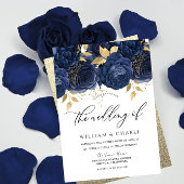 Navy Indigo Blue & Gold Floral Wedding Kaart