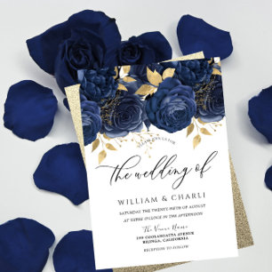 Navy Indigo Blue & Gold Floral Wedding Kaart