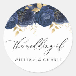 Navy Indigo Blue & Gold Floral Wedding Ronde Sticker