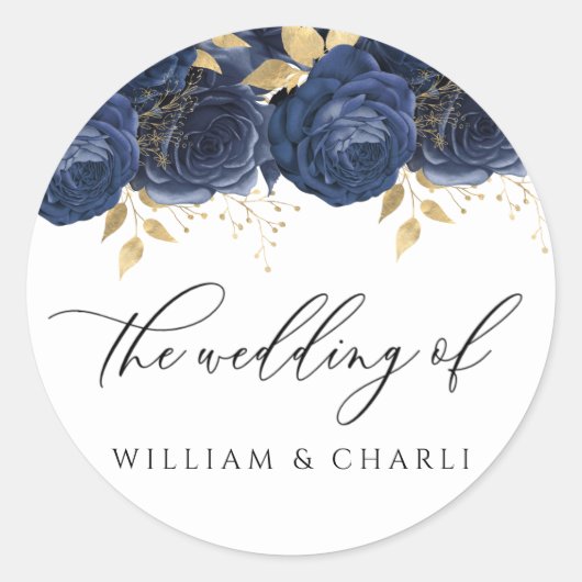 Navy Indigo Blue & Gold Floral Wedding Ronde Sticker (Voorkant)