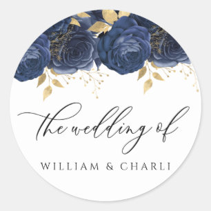 Navy Indigo Blue & Gold Floral Wedding Ronde Sticker