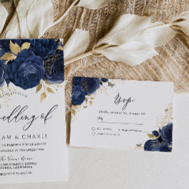 Navy Indigo Blue & Gold Floral Wedding RSVP Kaartje