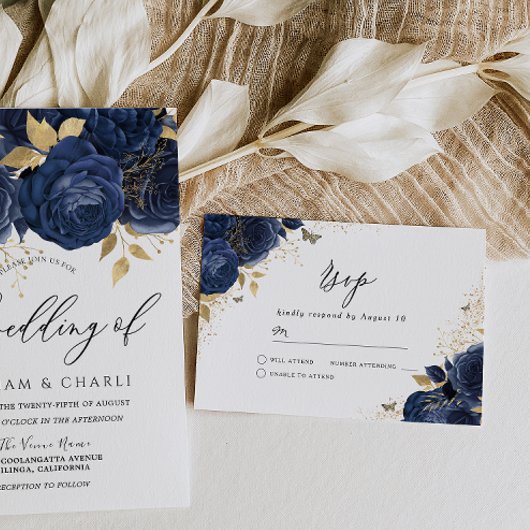 Navy Indigo Blue & Gold Floral Wedding RSVP Kaartje