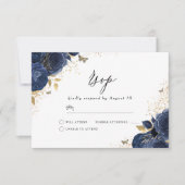 Navy Indigo Blue & Gold Floral Wedding RSVP Kaartje (Voorkant)