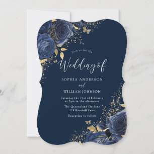 Navy Indigo Blue Rozen Flowers Elegant Wedding Kaart