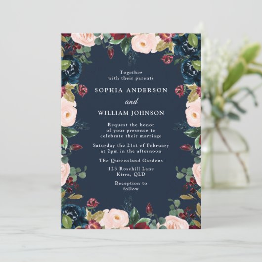 Navy Indigo Burgundy Blush Floral Wreath Wedding Kaart (Staand voorkant)