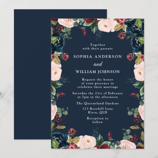Navy Indigo Burgundy Blush Floral Wreath Wedding Kaart (Voorkant / Achterkant)