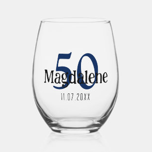 Navy Indigo Verjaardagsnummer   Zwarte naam Datum Wijnglas Zonder Voet