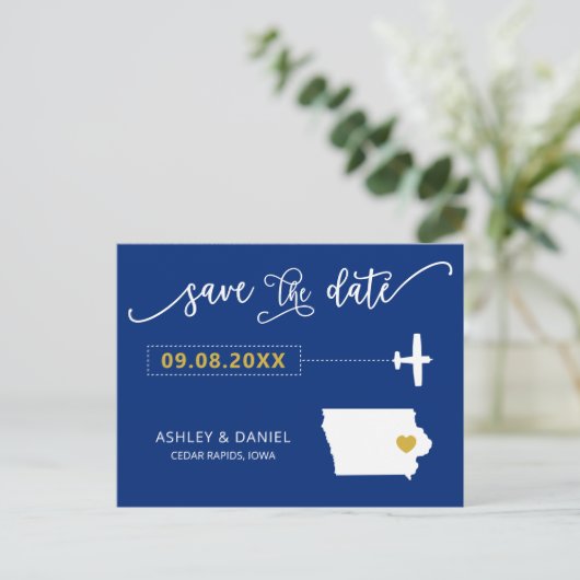 Navy Iowa Bruiloft Save the Date Map Briefkaart (Staand voorkant)