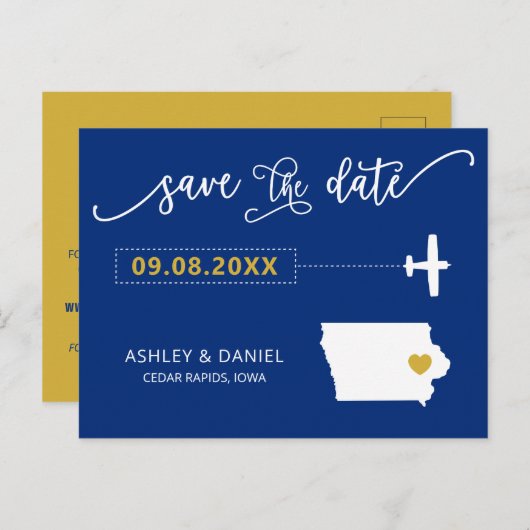 Navy Iowa Bruiloft Save the Date Map Briefkaart (Voorkant / Achterkant)