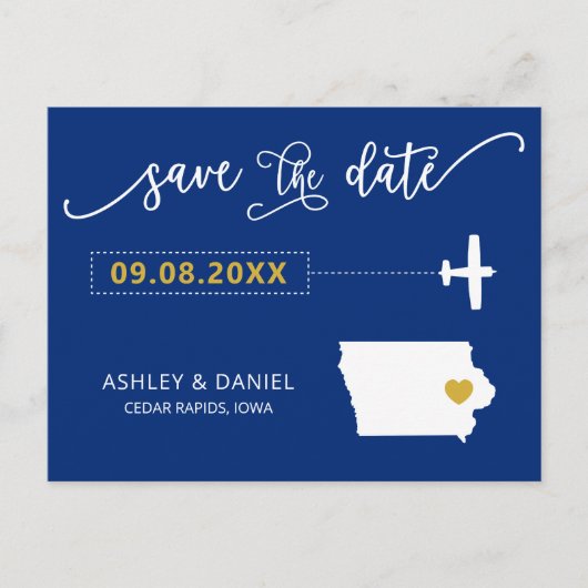 Navy Iowa Bruiloft Save the Date Map Briefkaart (Voorkant)