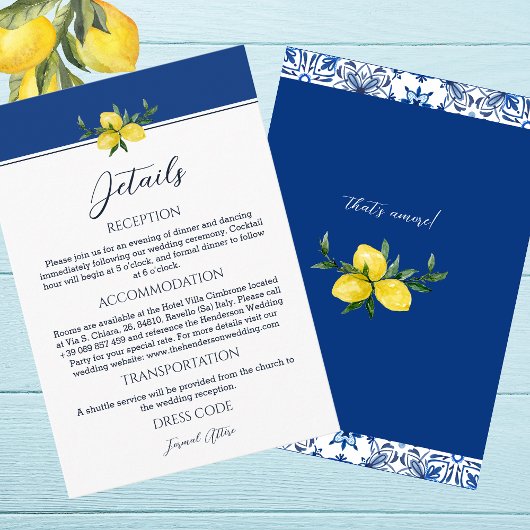 Navy Italian Lemon Wedding Details Enclosure Kaart