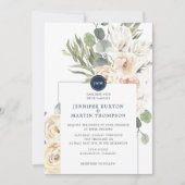 Navy & Ivoor Bloemen Eucalyptus Monogram Bruiloft Kaart (Voorkant)