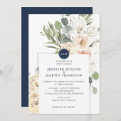 Navy & Ivoor Bloemen Eucalyptus Monogram Bruiloft Kaart (Voorkant / Achterkant)