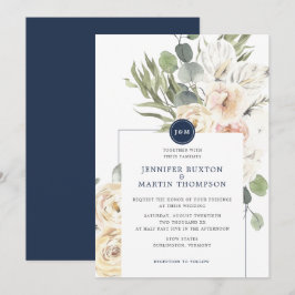 Navy & Ivoor Bloemen Eucalyptus Monogram Bruiloft Kaart