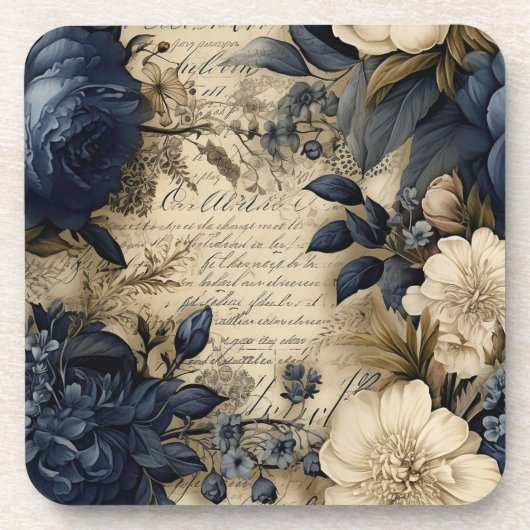  Navy & Ivoor Flowers Wedding Onderzetter (Voorkant)
