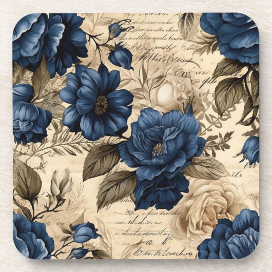  Navy & Ivoor Flowers Wedding Onderzetter (Voorkant)