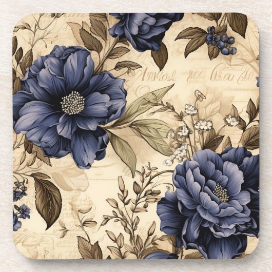  Navy & Ivoor Flowers Wedding Onderzetter (Voorkant)