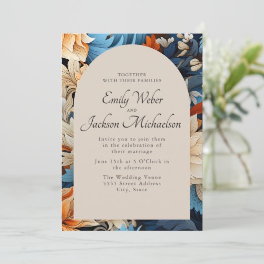 Navy Ivoor Sinaasappel Bloemenboog bruiloft Kaart (Staand voorkant)