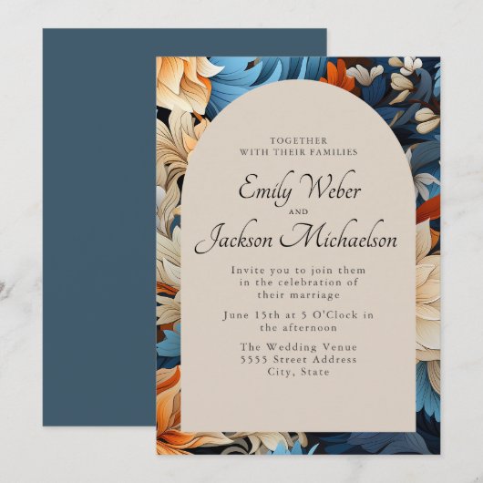 Navy Ivoor Sinaasappel Bloemenboog bruiloft Kaart (Voorkant / Achterkant)