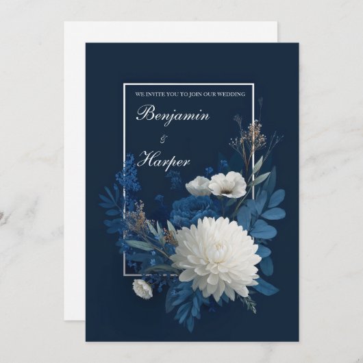 Navy & Ivory Bloom Wedding Kaart (Voorkant / Achterkant)