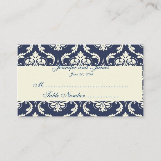 Navy Ivory Damask Trouwtafel Place Card Plaatskaartje (Voorkant)