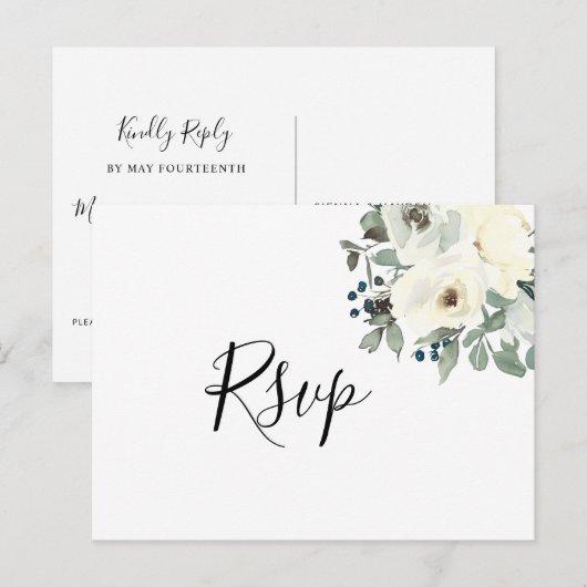 Navy Ivory Floral RSVP Briefkaart met Maaltijdkeuz (Voorkant / Achterkant)