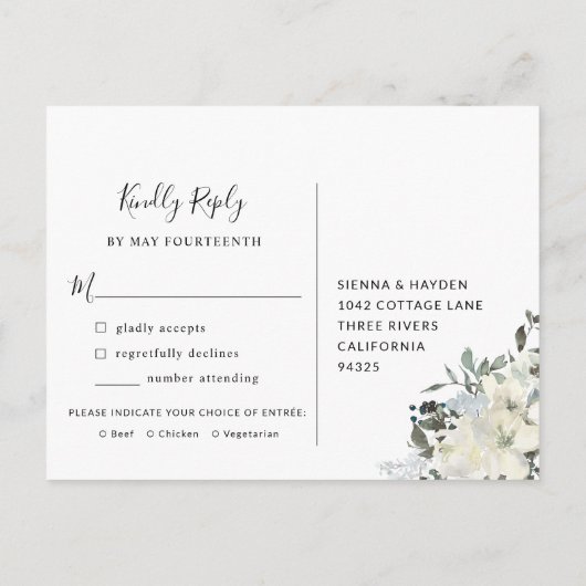 Navy Ivory Floral RSVP Briefkaart met Maaltijdkeuz (Achterkant)