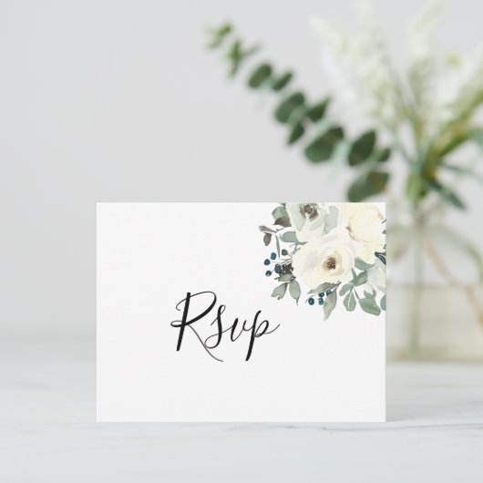 Navy Ivory Floral RSVP Briefkaart met Maaltijdkeuz (Staand voorkant)