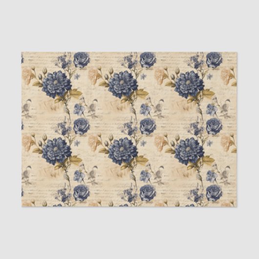 Navy & Ivory Flowers Weefselpapier, Elegant Tissuepapier (Voorkant)