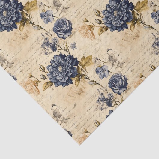 Navy & Ivory Flowers Weefselpapier, Elegant Tissuepapier (Detail)