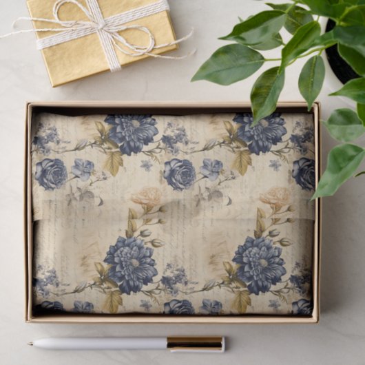  Navy & Ivory Flowers Weefselpapier, Elegant Tissuepapier (Geschenk)