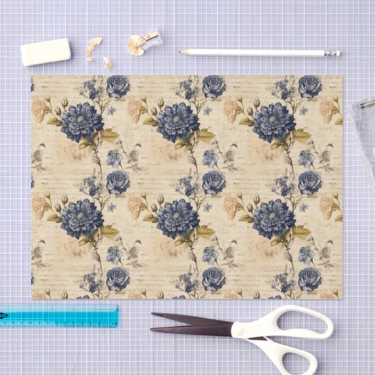  Navy & Ivory Flowers Weefselpapier, Elegant Tissuepapier (Craft)