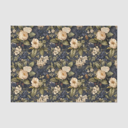  Navy & Ivory Flowers Weefselpapier, Elegant Tissuepapier (Voorkant)