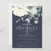 NAVY IVORY WHITE AQUA FLORAL FIRST HOLY COMMUNION KAART (Voorkant)