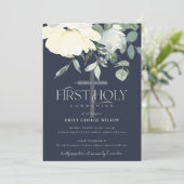 NAVY IVORY WHITE AQUA FLORAL FIRST HOLY COMMUNION KAART (Staand voorkant)