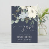 NAVY IVORY WHITE AQUA FLORAL WATERVERF BUNCH SAVE THE DATE (Staand voorkant)