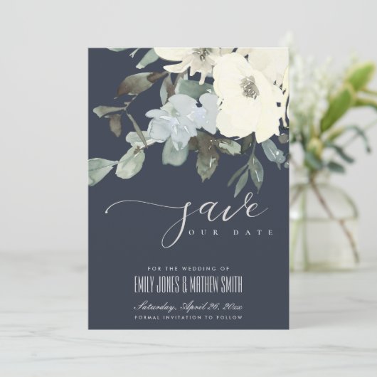 NAVY IVORY WHITE AQUA FLORAL WATERVERF BUNCH SAVE THE DATE (Staand voorkant)