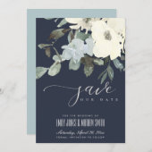 NAVY IVORY WHITE AQUA FLORAL WATERVERF BUNCH SAVE THE DATE (Voorkant / Achterkant)