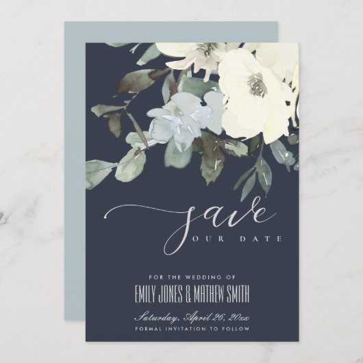 NAVY IVORY WHITE AQUA FLORAL WATERVERF BUNCH SAVE THE DATE (Voorkant / Achterkant)