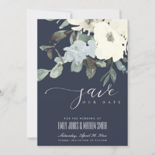 NAVY IVORY WHITE AQUA FLORAL WATERVERF BUNCH SAVE THE DATE