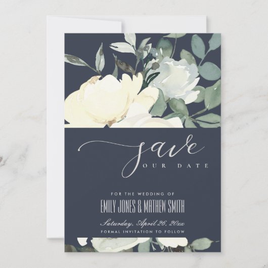NAVY IVORY WHITE AQUA FLORAL WATERVERF BUNCH SAVE THE DATE (Voorkant)